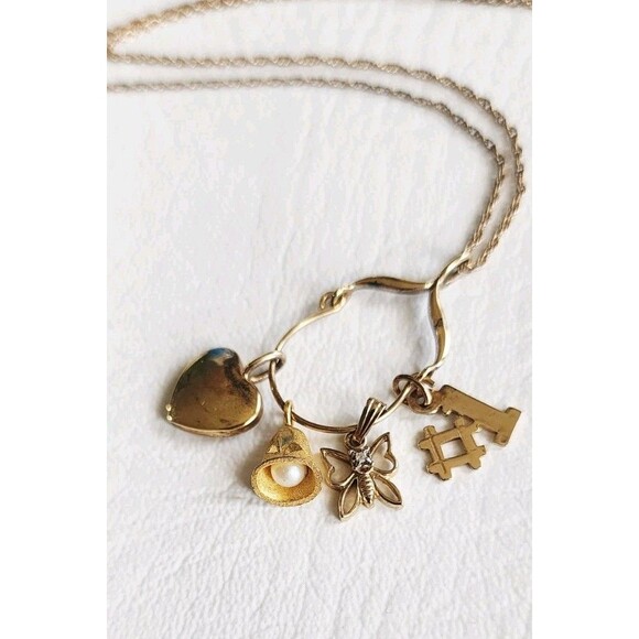 Vintage Sterling Silver Vermeil Charm Holder Necklace Heart Butterfly Number 1 - Picture 1 of 10